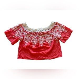 Flying Tomato Summer Tropical floral crochet orange White top plus Size 2X